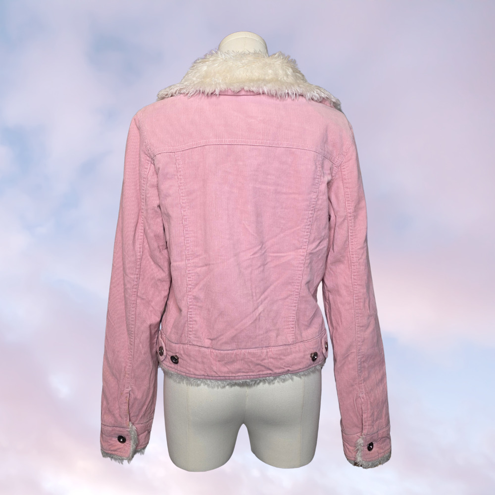 VTG Y2K Everblue Corduroy Faux Fur Collar Casual Bomber Jacket Pink White Large - Picture 4 of 5
